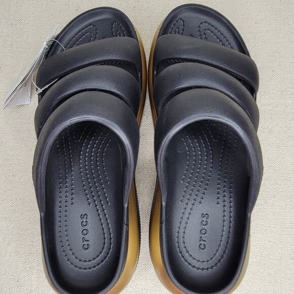 CROCS Mega Crush Metallic Triple Strap Platform Wedge Sandal Black/Gold sz W10 - Picture 7 of 9